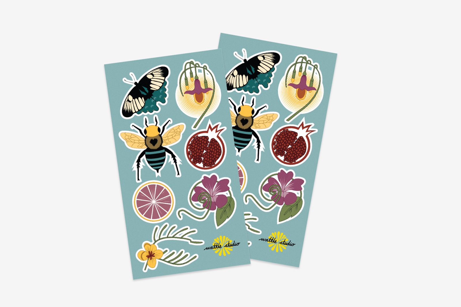 Two sheets of stickers on a white background. The designs include insects, flowers, and fruit. 