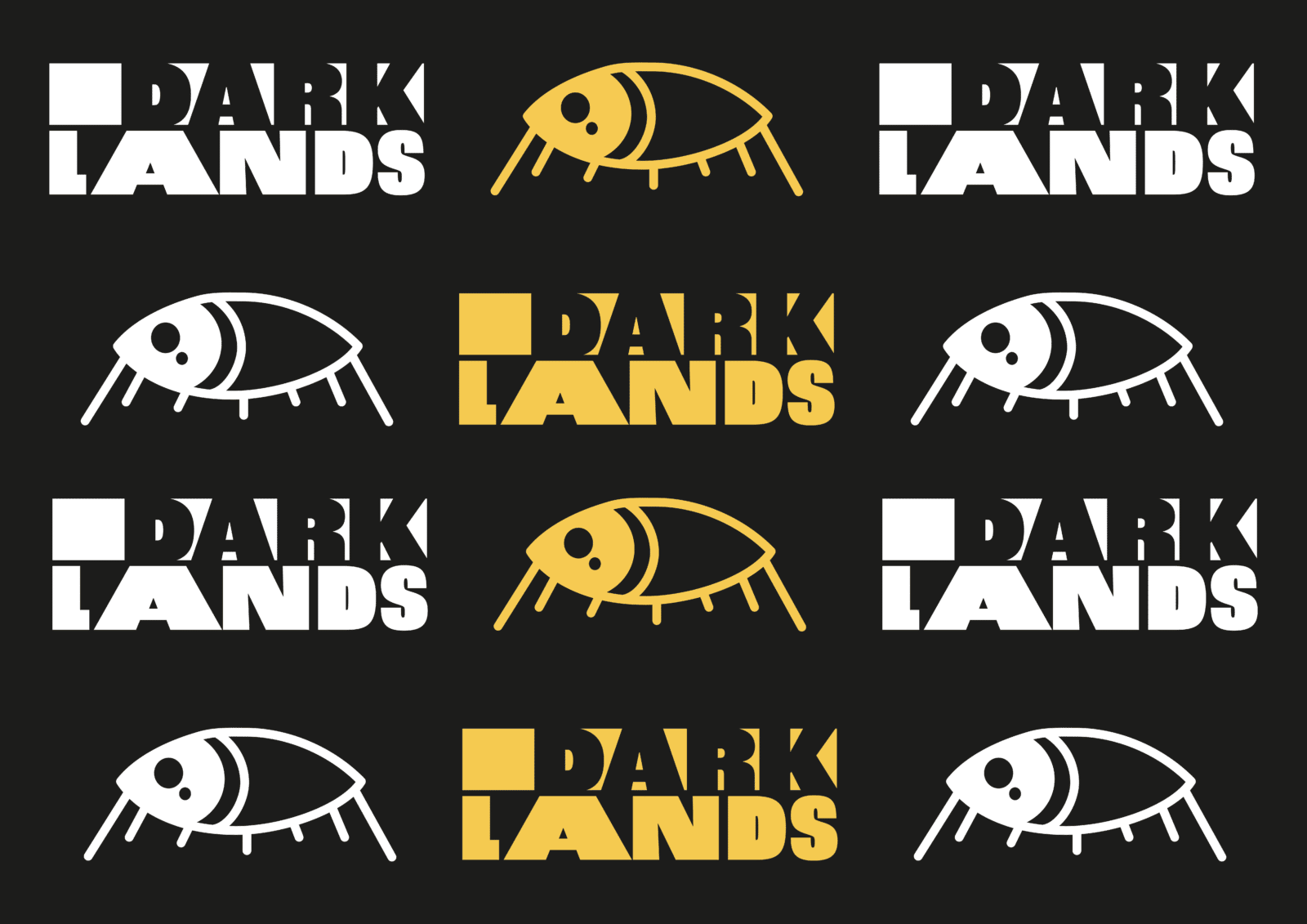 Three rows of logos, that read "Dark Lands" in white and yellow.
